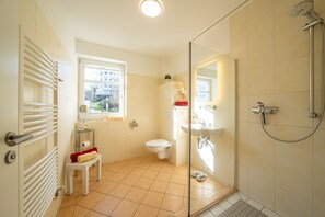 Chuveiro, secador de cabelo, toalhas de banho 