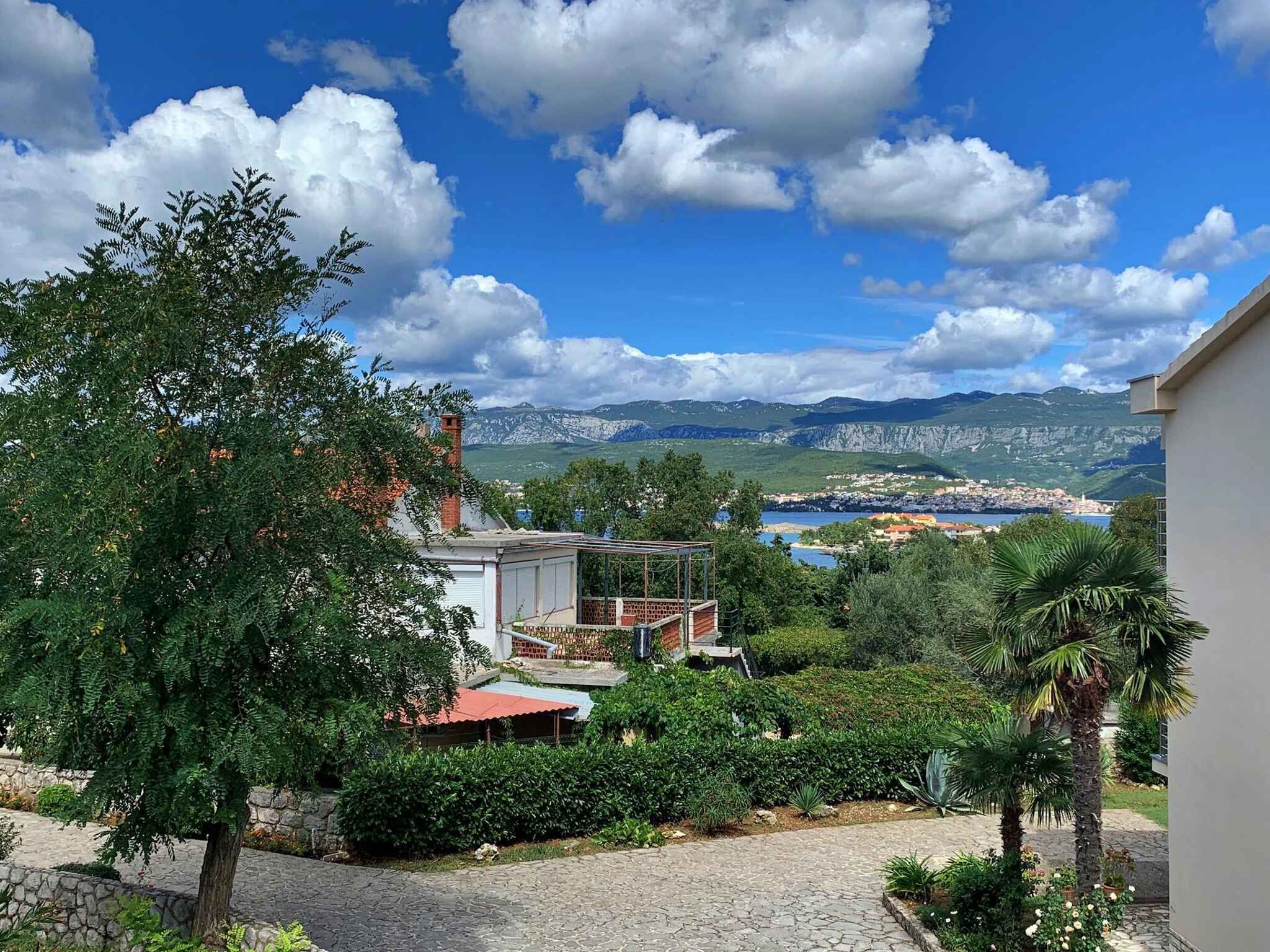 A residential area with a stone pathway, a tree, and a view of a town and mountains in the distance.