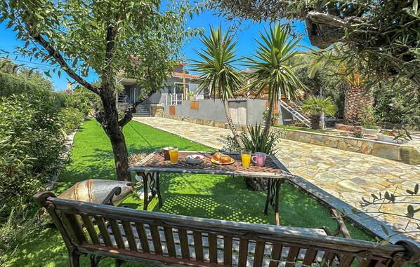 Un patio con una mesa preparada para el desayuno, rodeado de abundante follaje y un sendero de piedra que conduce a un edificio.