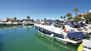Una marina con diverse imbarcazioni ormeggiate, un ristorante sullo sfondo e palme lungo la riva.