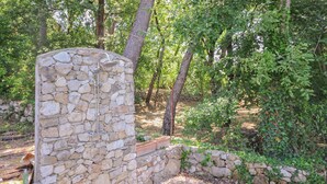 A stone wall with a showerhead, surrounded by trees and greenery.