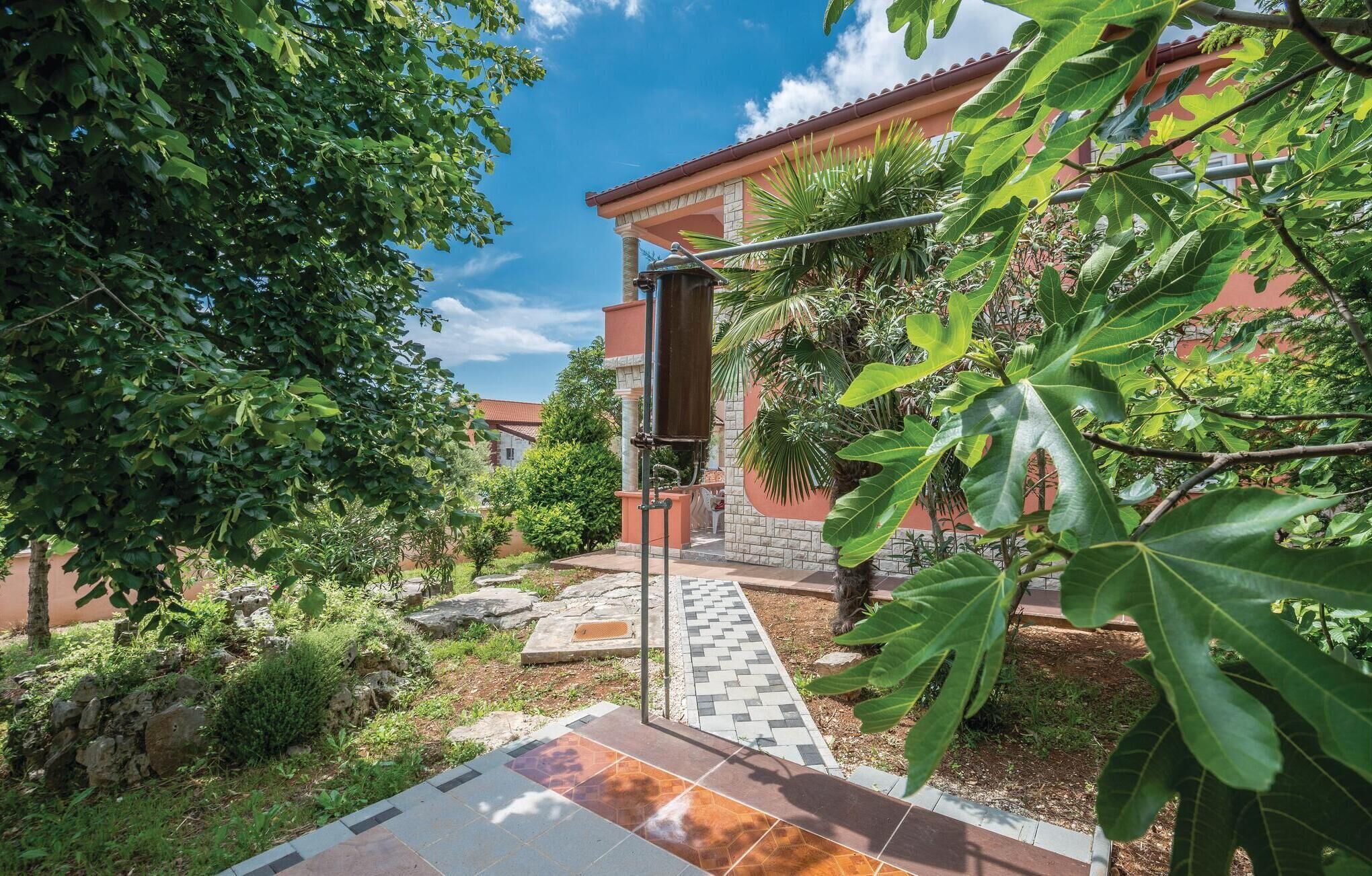 Un patio con un sendero adoquinado, una fuente de agua y abundante vegetación.
