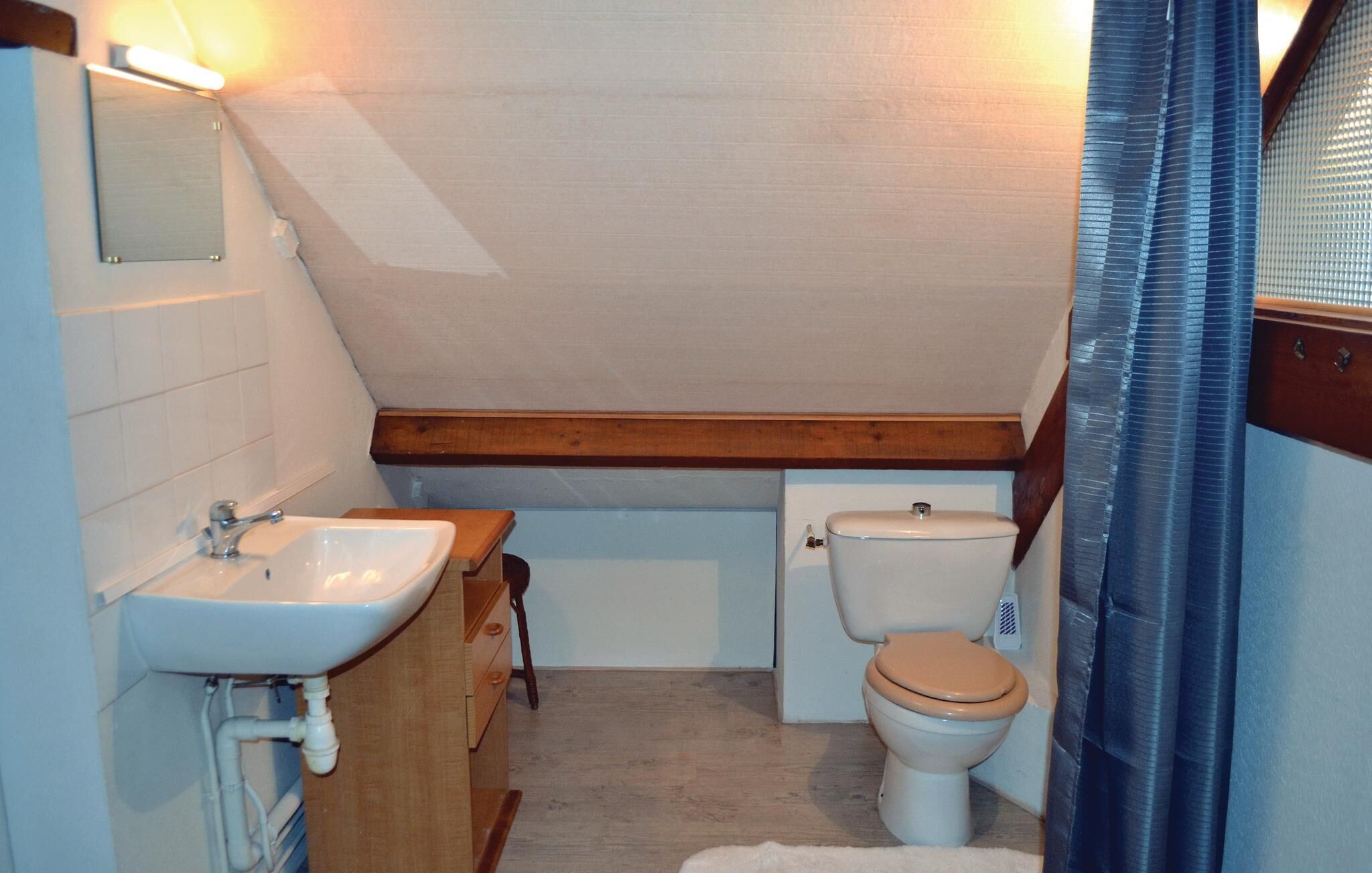 Ein kleines, kompaktes Badezimmer mit einem Holzkosmetikschrank, einem weißen Waschbecken, einer Toilette und einer Duschkabine.