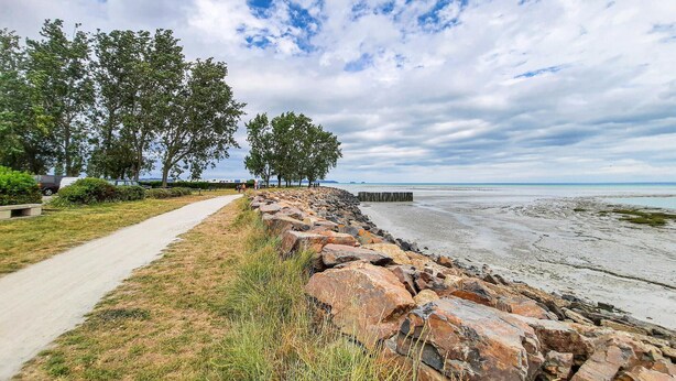 Une promenade en bord de mer avec un sentier pavé, de gros rochers et des arbres.