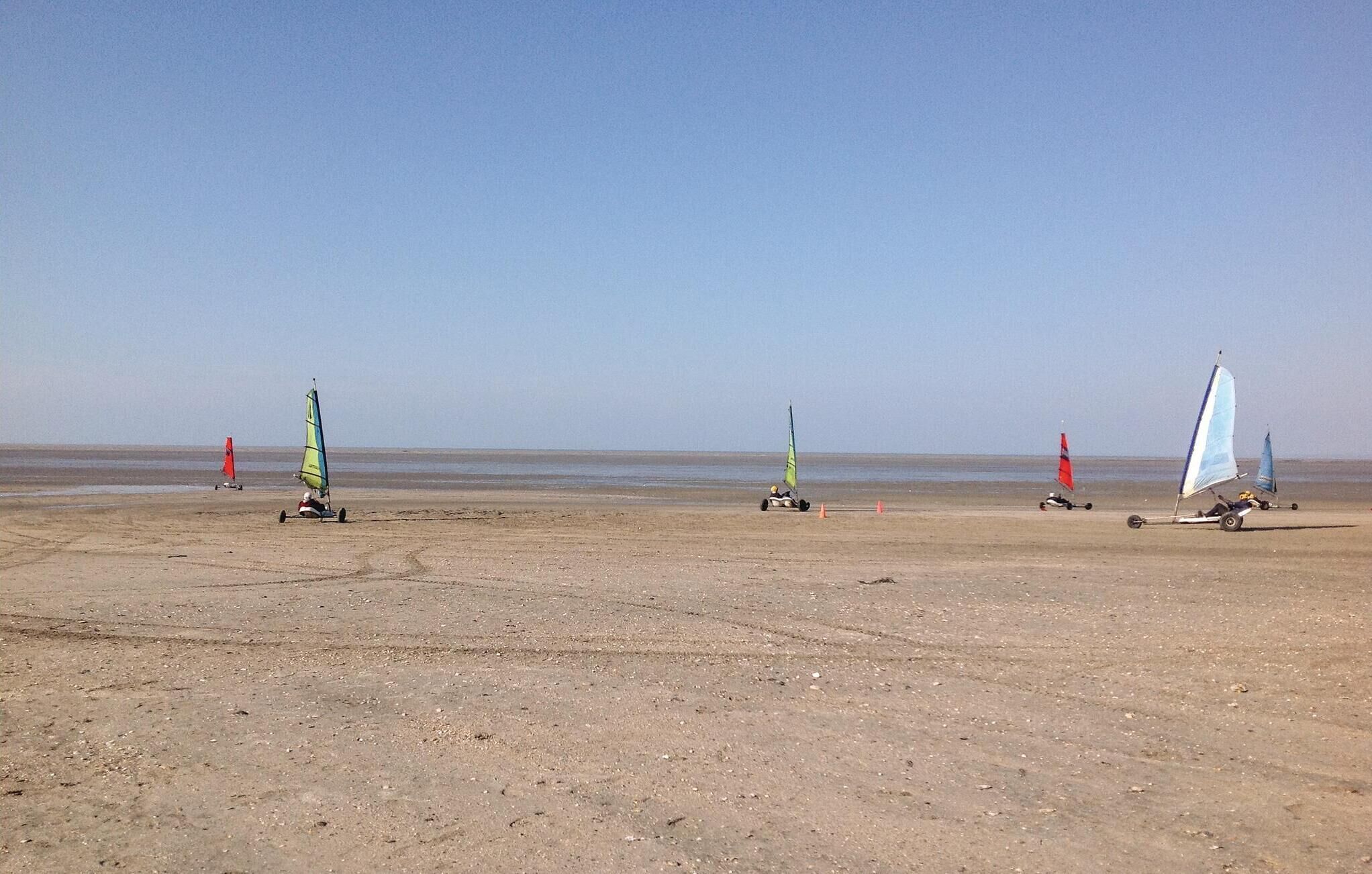 A sandy beach with several windsurfing boards and sails.