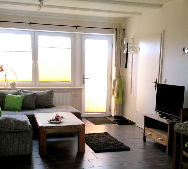 Ein Wohnzimmer mit Sofa, Couchtisch, Fernseher und einem großen Fenster.