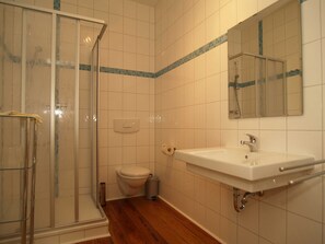 A bathroom with a glass shower enclosure, a toilet, and a sink with a mirror above it.