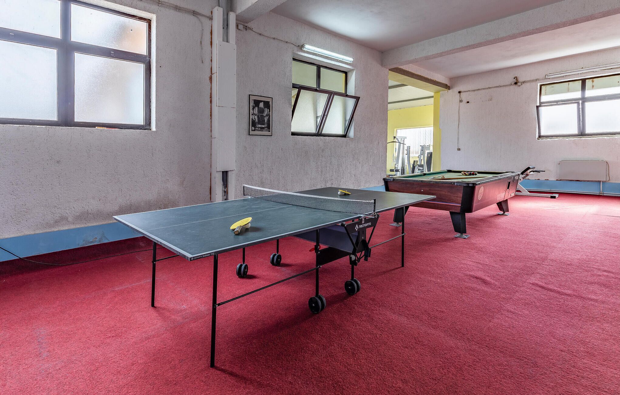 A room with ping pong tables and a pool table, carpeted floor, and large windows.