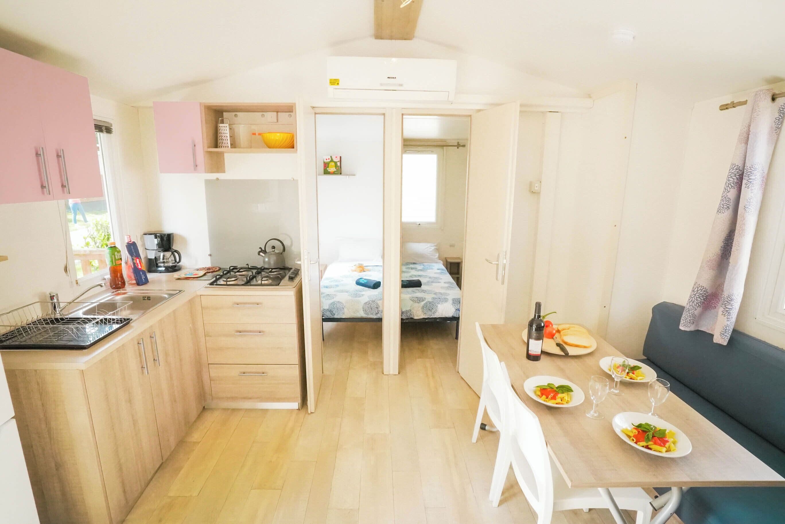 Premium Mobile Home, 3 Bedrooms, Terrace | Private kitchen | Full-size fridge, microwave, stovetop, cookware/dishes/utensils