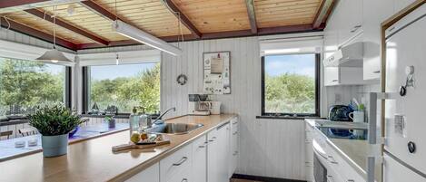 Fridge, stovetop, dishwasher, coffee/tea maker