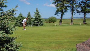Ein Golfplatz mit einem Spieler, der sich zum Putten vorbereitet, umgeben von Bäumen und einem klaren Himmel.