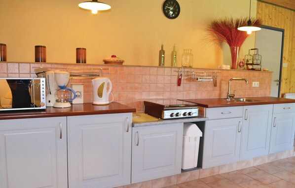 Fridge, stovetop, dishwasher, coffee/tea maker