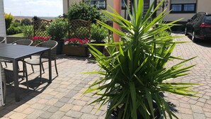 Een terras met een tafel en stoelen, plantenpotten en een gebouw met schuine dak in de achtergrond.
