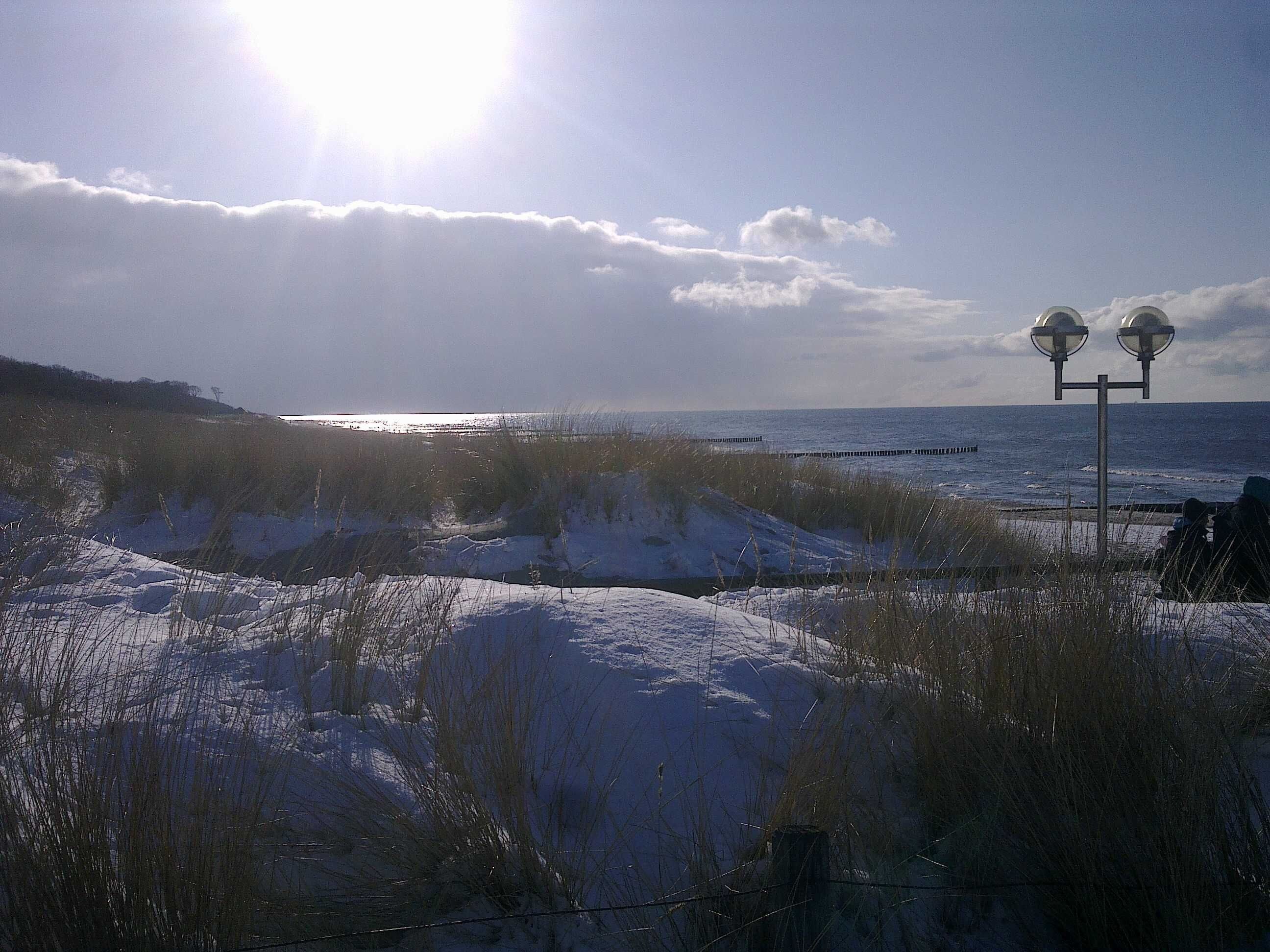 Un paysage côtier avec des dunes enneigées, un ciel dégagé et une étendue d’eau à l’horizon.