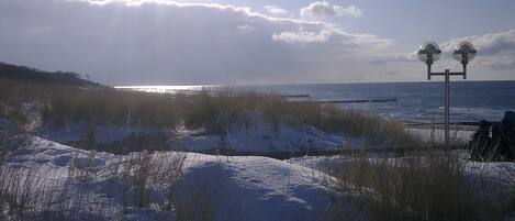 Un paysage côtier avec des dunes enneigées, un ciel dégagé et une étendue d’eau à l’horizon.