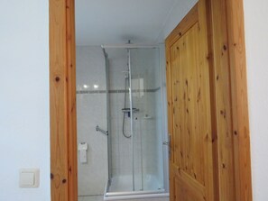 A glass-enclosed shower with a handheld showerhead, a wall-mounted faucet, and a toilet paper holder on the wall.
