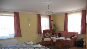 Een woonkamer met een bed, een bank, een stoel, een tafel en een radiator.