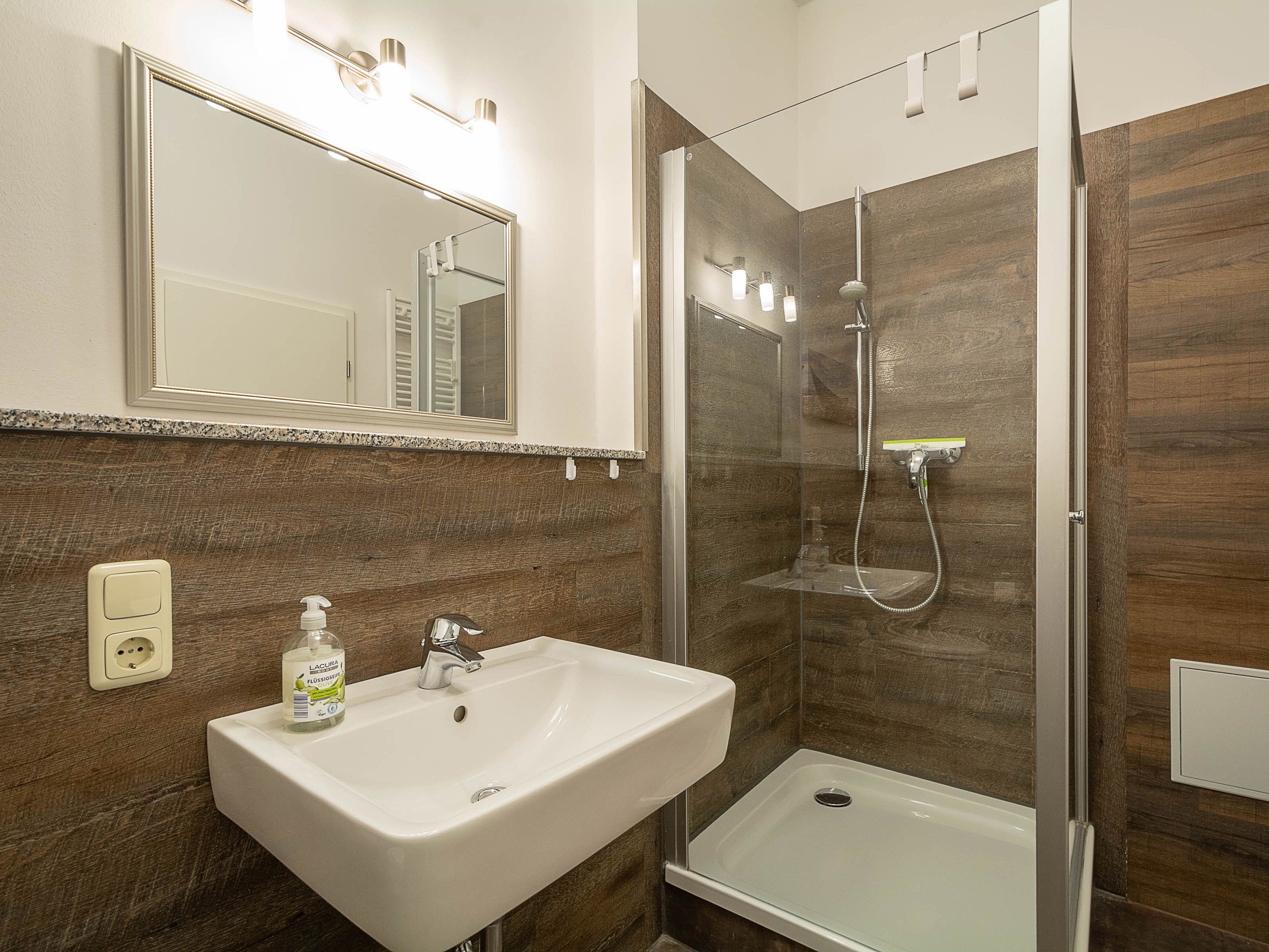 A bathroom with a white sink, a mirror above it, and a glass-enclosed shower with a handheld showerhead.