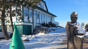 A building with large windows, a green door, and a snow-covered statue.