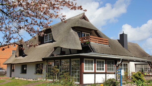A house with a thatched roof, large windows, and a stone foundation.