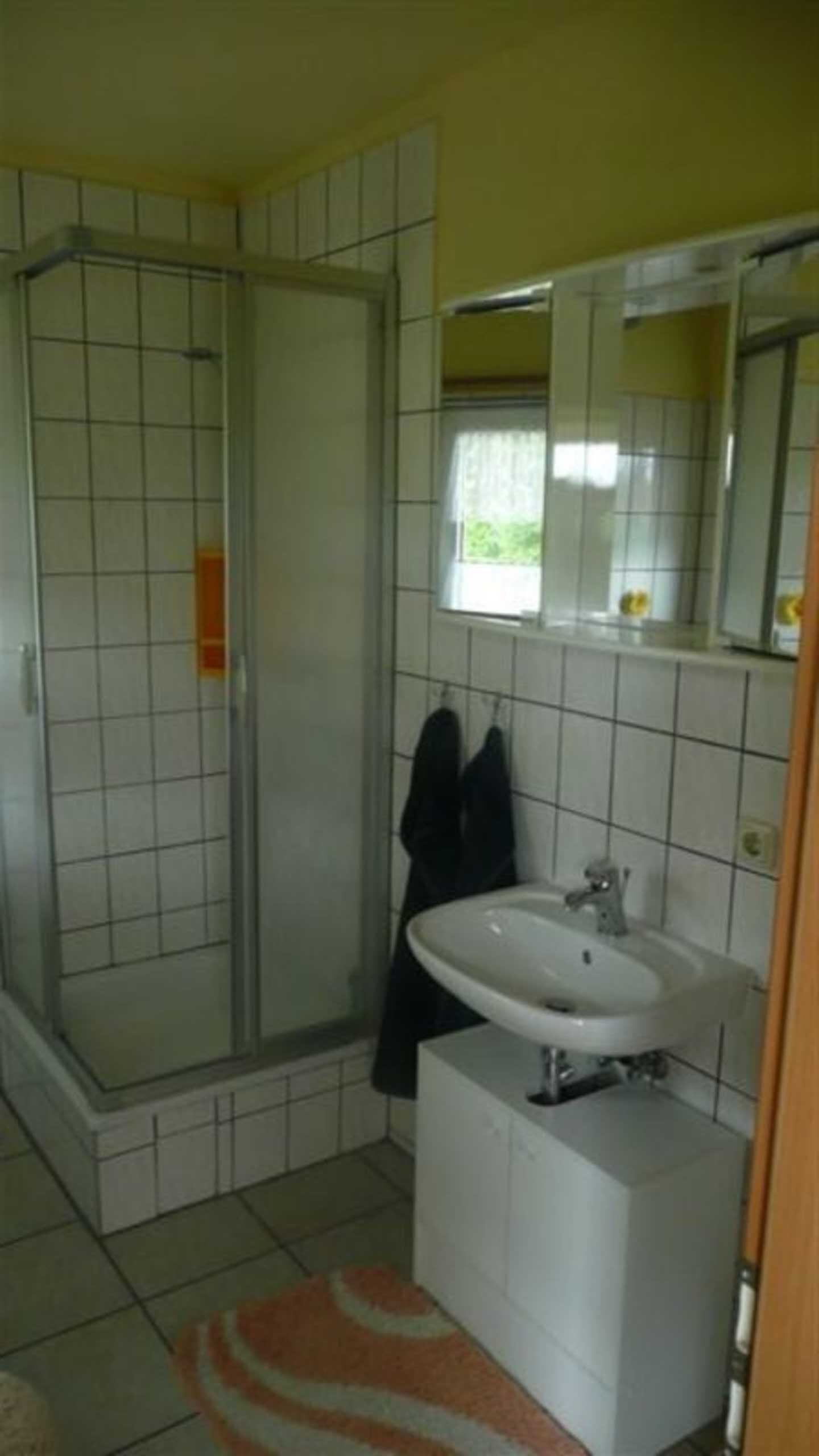 Ein Badezimmer mit Dusche, Waschbecken und Spiegel.