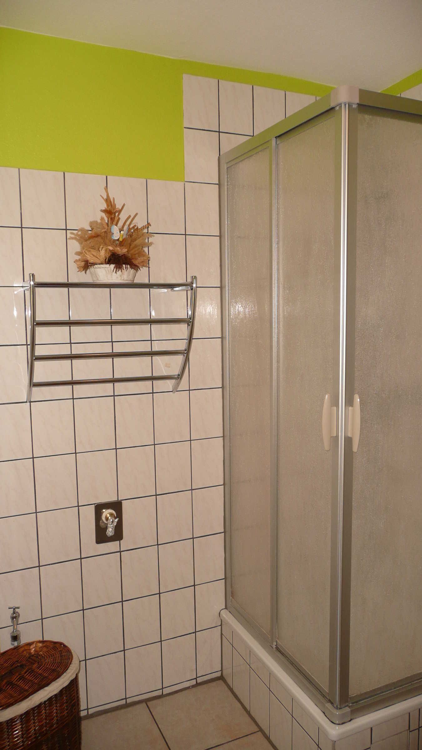 A bathroom with a shower enclosure, a towel rack, a sink, and a decorative wall piece.