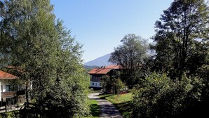 A rural road flanked by trees and houses, leading to a mountain in the distance.