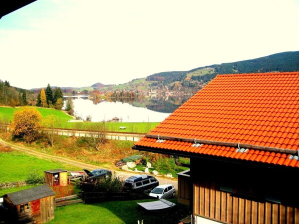 A rural landscape with a lake, a red-roofed building, and parked cars.