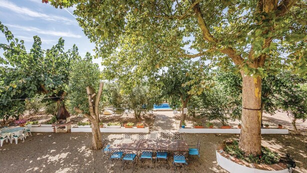 Un espace extérieur aménagé avec des tables et des chaises, entouré d’arbres et d’un jardin.