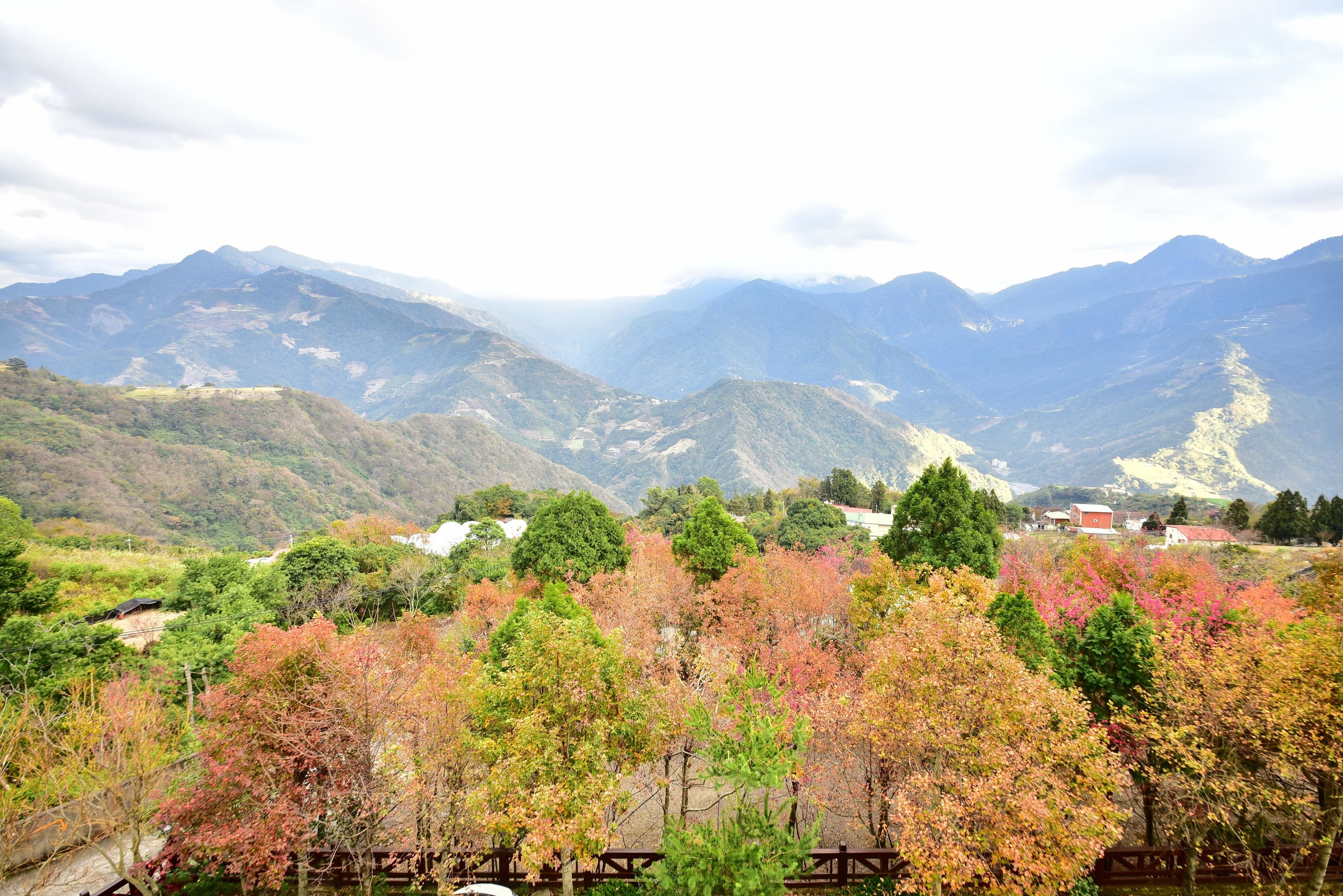 A mountainous landscape with autumn foliage and a small settlement in the valley.
