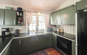 Fridge, stovetop, dishwasher, coffee/tea maker