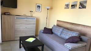 A living room with a grey sofa, a black coffee table, a wooden cabinet, a TV, and three framed pictures on the wall.