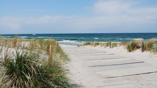 A concrete pathway leading to the beach with sand and grass on either side.