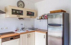 Fridge, stovetop, dishwasher, coffee/tea maker