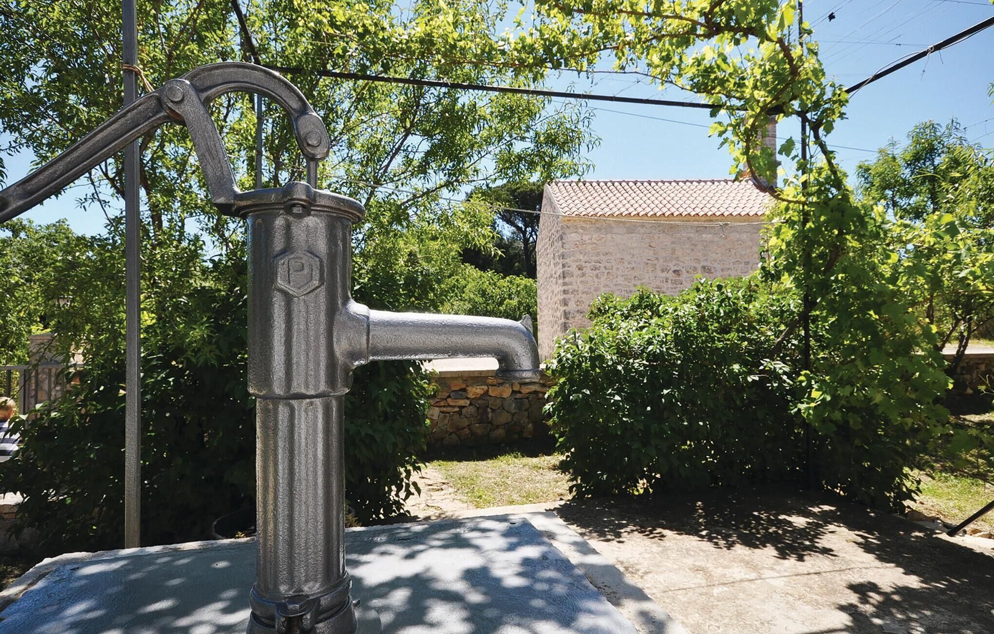 Una fuente de agua al aire libre con un muro de piedra y follaje en el fondo.