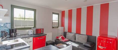 Fridge, microwave, dishwasher, high chair