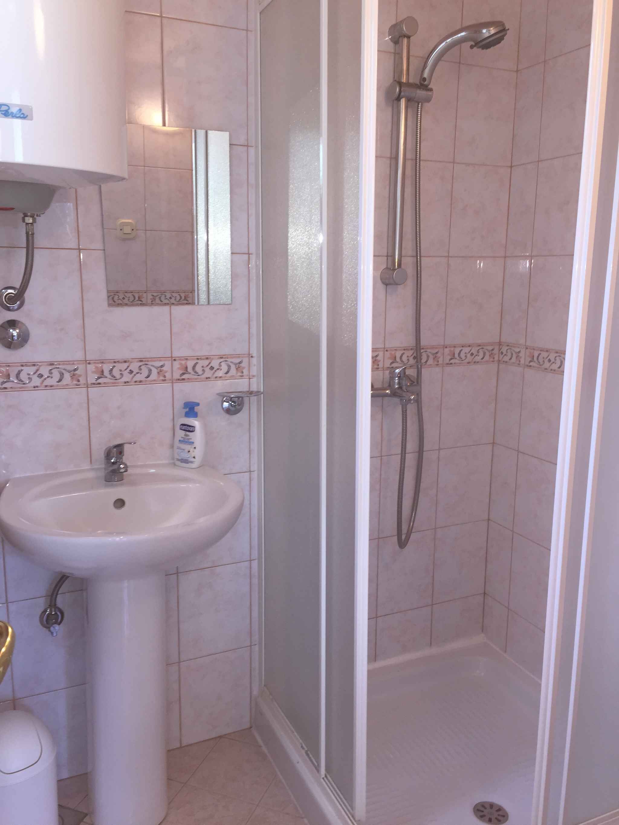 A bathroom with a sink, mirror, and shower.