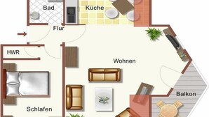 Pianta di un albergo con bagno, cucina, soggiorno, camere da letto e balcone.