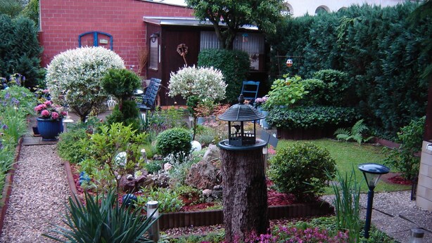 Un jardin où l’on trouve une variété de plantes, un arbre et une nichoir.