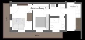 A hotel layout with a balcony, a bedroom, a bathroom, and a kitchen area. - Apartment 2 - Vacation Lohbinder (Fam. Holzer) (Rottach-Egern)