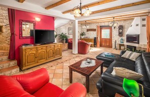TV, fireplace, DVD player, foosball
