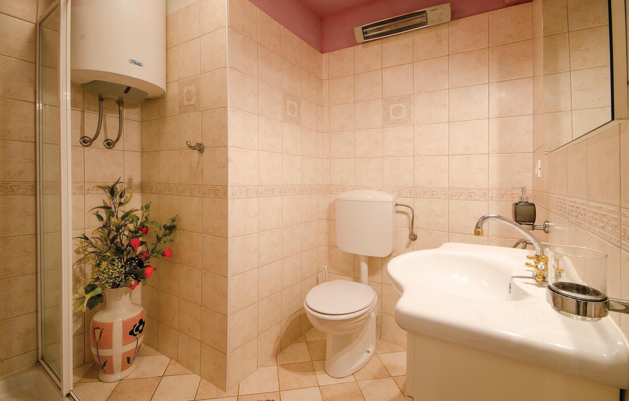 Une salle de bain équipée de toilettes, d’un lavabo, d’une douche et d’un vase décoratif.