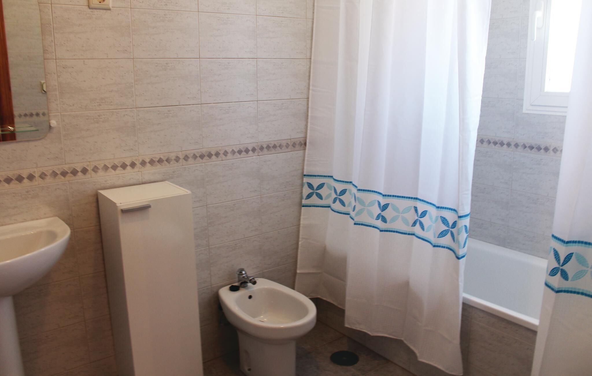 Une salle de bain avec un lavabo sur colonne, un bidet et un rideau de douche à motifs bleus.