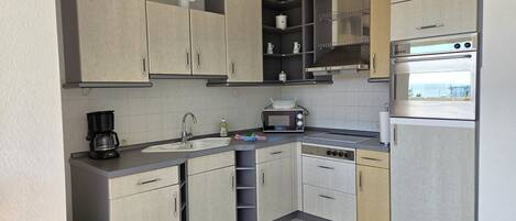 Fridge, microwave, oven, coffee/tea maker