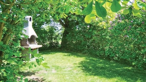 A garden with a birdhouse and dense foliage.