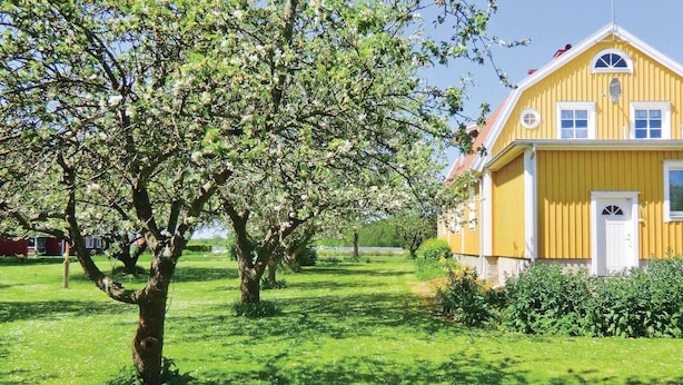 A yellow house with a white door and windows, surrounded by a grassy yard and trees.