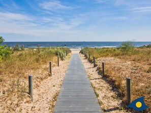 En träpromenad som leder ner till stranden, med sand och växtlighet på båda sidor.