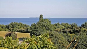 Eine Küstenlandschaft mit üppiger Vegetation und freiem Blick auf das Meer.