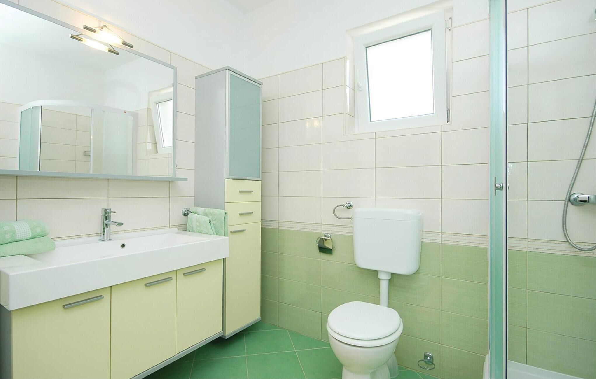 A bathroom with a sink, mirror, toilet, and shower.