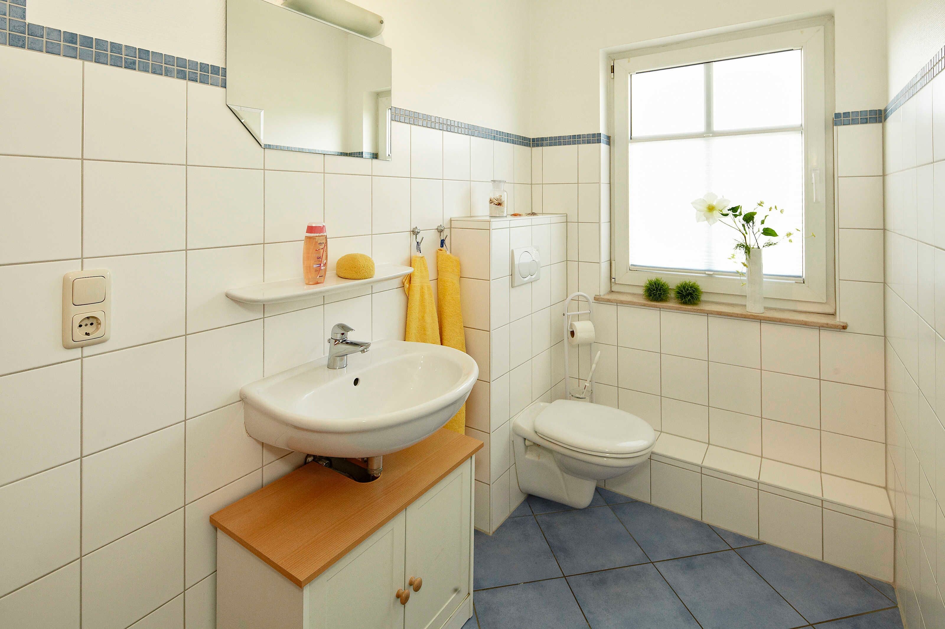A bathroom with a sink, toilet, mirror, and window.